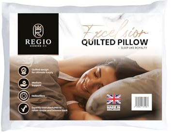Regio Bedding Co Excelsior Quilted Pillow - 1 Pack Medium Support With Quilted Polycotton Cover, Bounce Back Hollowfibre Pillows for Stomach, Back and Side Sleepers, Hotel Pillows - Made in the UK