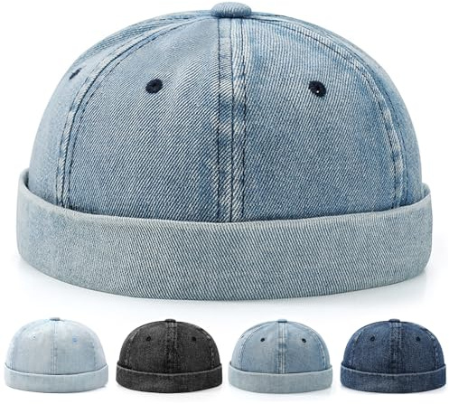 Initlove Mens Docker Hat Denim Brimless Sailor Hat Beanie Cap Blue