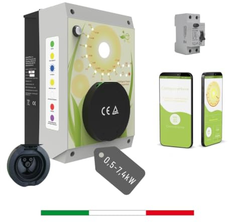 E-Corner Stazione di Ricarica Auto Elettriche | Made in Italy | E-Home Socket Wallbox Monofase 7,4k W Presa Tipo 2 Wallbox Universale per Tutte Le Auto, con WiFi e App, Caricabatterie Domestico