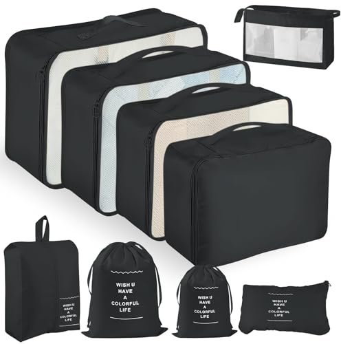 YAMAIDUO Organisateur Valise, Lot de 9 Rangement Valise, Imperméables Packing Cubes Résistant à la Déchirure, Pochette Voyage pour Vêtements Sous-vêtements Chaussures Cosmétiques, Noir