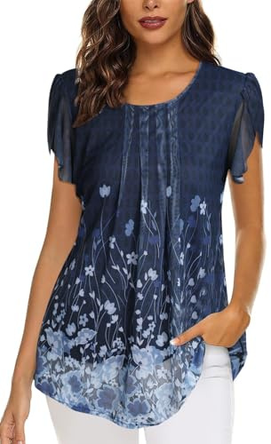 Genfien Camicia da Donna Scollo Rotondo Chiffon Bluse Tessuto Reticolare Traspirabile Elegante Tops Casual Bluse e Camicie con Stampata
