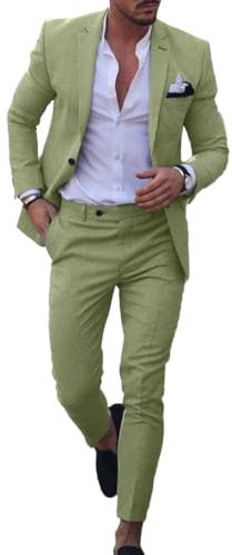 Dbutiy Conjunto de 2 Piezas de Lino para Hombre, Traje de Novio para Verano, Playa, Boda, Traje de Novio para Hombre, Chaqueta y Pantalones de Esmoquin, Verde, X-Large