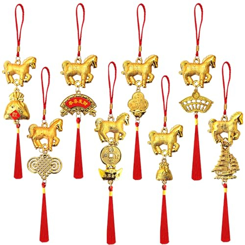 LEHEEYWT 8 Pcs Hanging Chinese New Year Ornament, 2026 Horse Year Chinese New Year Party Decorations, Chinese Gifts Horse Zodiac Pendant for Bonsai Spring Festival Hanging Ornaments (Style 2)