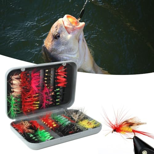 aqxreight Kit di Mosche per Pesca a Mosca da 100 Pezzi Assortimento di Mosche per Pesca a Mosca Secche e Bagnate con Scatola per Trota Spigola Qualsiasi Trota Robusta Dotata di Strumenti Sono Esche