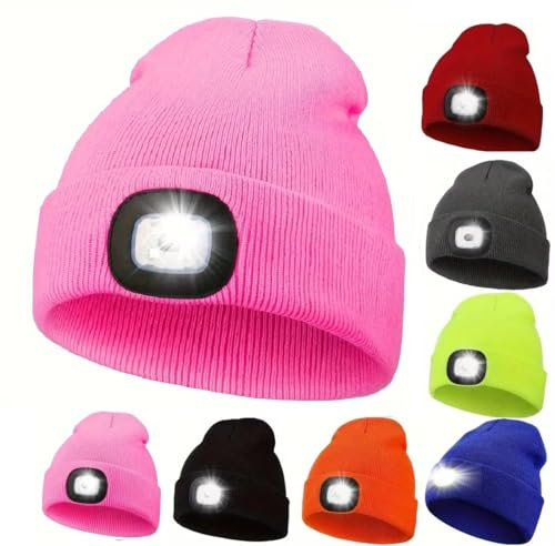 OnlyBee Kids Boys Girls Children Winter Beanie Hat with USB Rechargeable LED Head Torch Light (Pink)