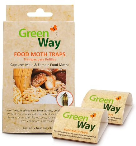 Greenway Pantry Food Moth Traps, Captures Male & Female Moths, Pheromone Attractant, Alternative to Naphthalene Balls, Non-Toxic, Child & Pet Safe, 1 Pack (Includes 2 Traps and 2 Lures)