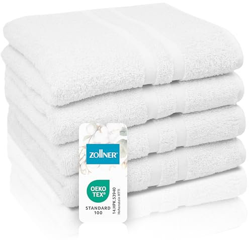ZOLLNER 4er Set Handtücher in 50x100 cm - Flauschige Badetücher aus Baumwolle - mit moderner Streifenbordüre - waschbar bis 95°C - mit praktischem Aufhänger - in weiß - Hotelqualität