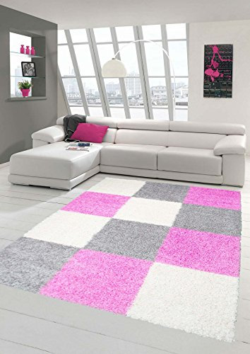 Shaggy Hochflor Langflor Teppich Wohnzimmer Gemustert in Karo Design Pink Grau Creme - Größe 200 x 290 cm