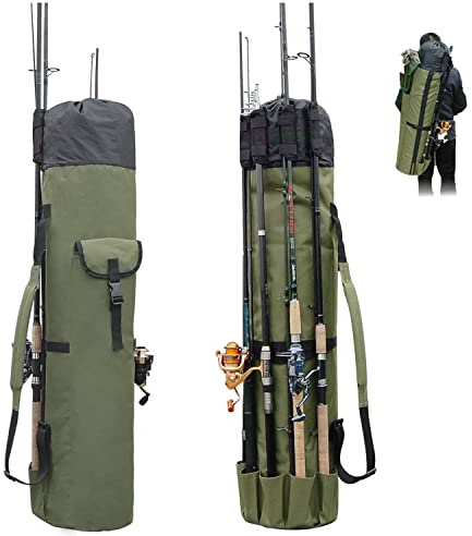 Multifunction Fishing Pole Bag - Waterproof Rod Reel Bag Carrier Case, Durable Canvas Tackle Large Storage Gift for Men Travel, Khaki