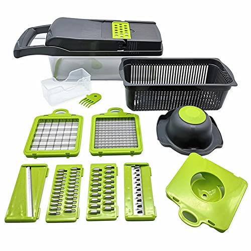 Meiyijia Multiuso, taglierina per verdure 13 in 1 Mandolina da cucina, 7 lame affilate in acciaio inox intercambiabili, separatore di albume per tagliare frutta verdure, grigio