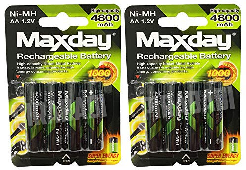 Lote de 8 pilas Maxday pilas AA LR03 1,2 V NI-MH recargables, batería de 4800 mAh