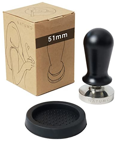 NATUMO Espresso Tamper 51mm, druckregulierend (15kg / 35lbs), Siebträger Zubehör, Kaffe Tamper Set mit Tampermatte (Schwarz)