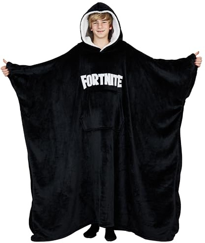 Fortnite Felpa Oversize Bambino Ragazzi 14+ Cappuccio Coperta Indossabile Extra Lungo Poncho Pile Giocatore Regali Bambini (Nero Lungo Adolescenti 14+)