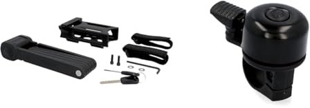 FISCHER 85852 Faltschloss inkl Halterung und 2 Sicherheitsschlüssel | schwarz 85 cm & Mini Fahrradglocke, schwarz, One Size