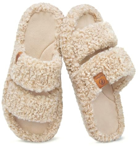 EverFoams Womens Fuzzy Open-toe Slippers Soft Comfy Memory Foam Indoor House Shoes Vintage Khaki, 9-10 US