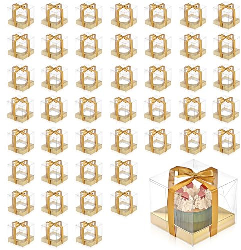 TOLIDA 48Pcs 9cm/3.5 Clear Cupcake Boxes with Gold Paper Base - Plastic Individual Dessert Containers, Single Storage Box for Pastries, Cookies, Candy, Pies, Muffins, Bakery, Macaron