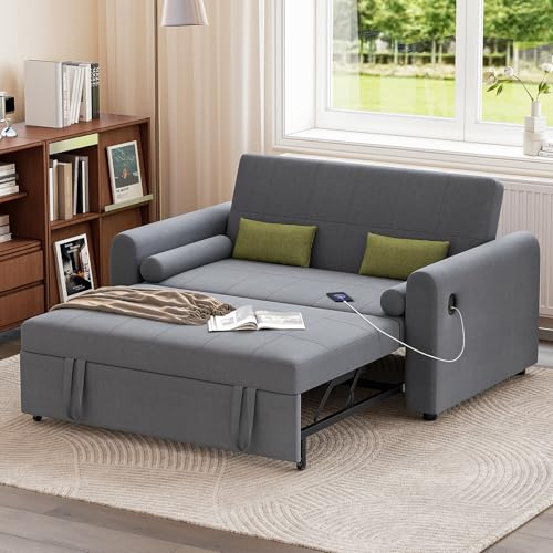 Jooli H 2 Seater Sofa Bed, 3-in-1 Convertible Fabric Pull Out Sleeper Sofa with 3-Position Adjustable Backrest, Side Pockets and USB for Living Room, Guest Room, Dark Grey