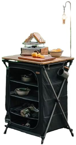 Outdoor Folding Camping Cabinet, with Three Storage Shelves, 600D Polyester Fabric Bamboo Top Table Carry Bag and Side Hooks for BBQ Picnic Backyard, Camping, picnicking