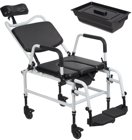 4-in-1 Bedside Commode Chair, Tilt Shower Commode Wheelchair, Versatile with Headrest and Bucket, Adjustable Transport Rolling Chair for Elderly, Disabled, Adults