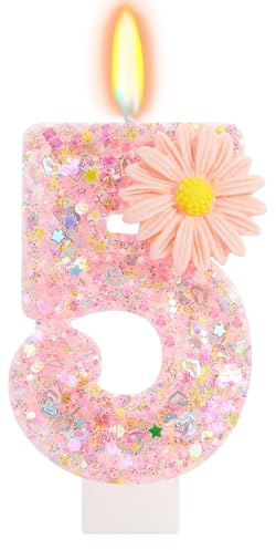 Velas Cumpleaños Números 5 Rosa, Vela 5 Años con Margarita 3D y Brillos, Candela Decorativa para Tarta Cumpleaños, Fiesta Infantil, Foto Party, Mesa de Postres, Decoración y Regalos para Celebraciones