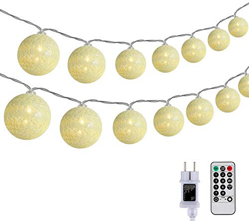 DeepDream Kugeln Lichterkette 6.6m 30 LED Cotton Ball Lichterkette Dimmbar Baumwollkugeln Lichterkette Innen Lichterkette mit Fernbedienung und Timer für Zimmer Kinderzimmer Hochzeit Party (Warmweiß)