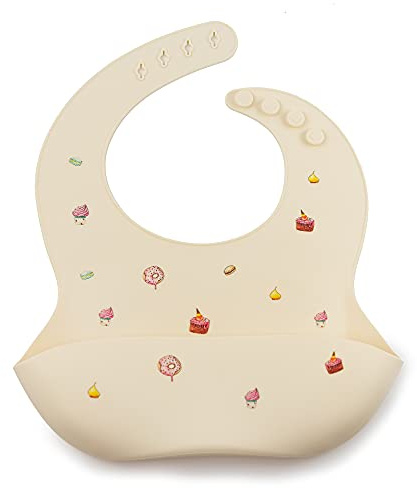 J.Børn Silicone Baby Feeding Bibs | Hand-Painted Designs On Silicone Protection | Waterproof Baby Bibs | Easy To Clean Weaning Apron | 4 Adjustable Sizes with Deep Front Pockets (Ivory Cakes)