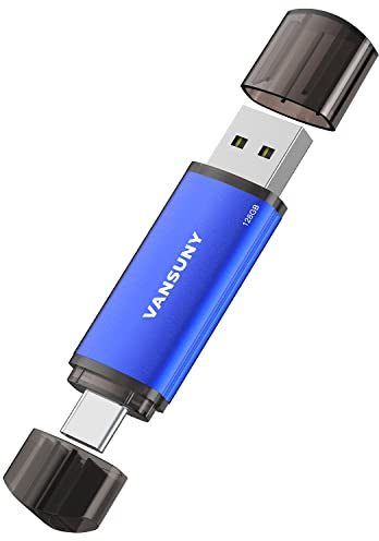 Vansuny 128GB USB Type-C Flash Drive 2-in-1 Dual USB A + Tape C OTG Flash Drive for Android Smartphone Tablet Computer Laptop (Blue)