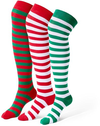 Giggling Getup 3 paia di calzini lunghi da donna a righe, calzini natalizi sopra il ginocchio, calzini da elfo per donne, cosplay, feste, regalo di compleanno, Rosso, bianco, verde, taglia unica