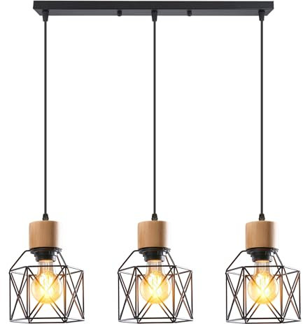 iDEGU Lampara Techo Colgante 3 Luces Vintage Iluminación de Techo de Madera Metal Lámpara de Araña Estilo Jaula Nórdico Lámpara Colgante para Dormitorio Salón Cocina Comedor (Madera, Barra, Negro)