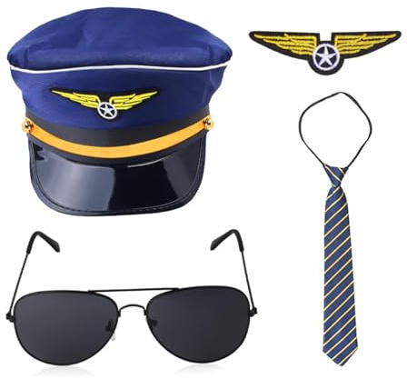 VASANA Pilot Costume Accessories Set Airline Captain Hat Sunglasses Tie Badge Dress up Supplies for Halloween Party Cosplay (Blue)