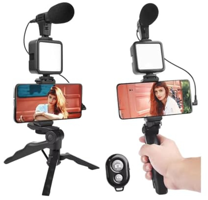 Trípode para Móvil con Aro de Luz LED, Mini Trípode Flexible con Soporte para Grabación y Selfies, Kit Vlogging Ajustable para Vídeos, Directos y Fotografía – Luz Regulable 360°