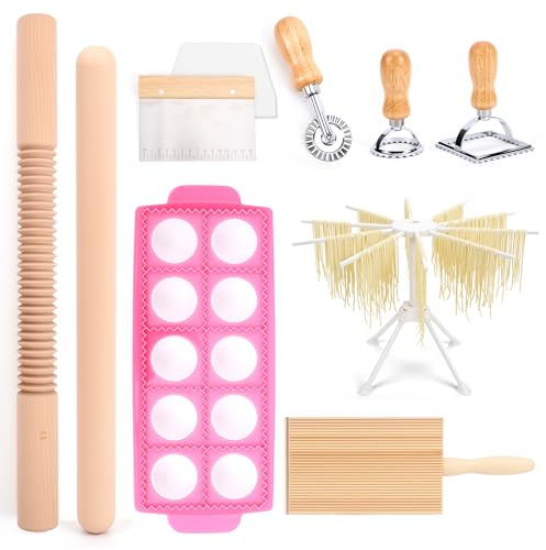 MEKOTRIN Pasta Maker Set - 10 PCS Pasta Making Tools Include Pasta Drying Rack Ravioli Stamp Cutters Gnocchi Board Rolling Pin Dumpling Ravioli Mould, Kitchen Tools Pasta Making Accessories