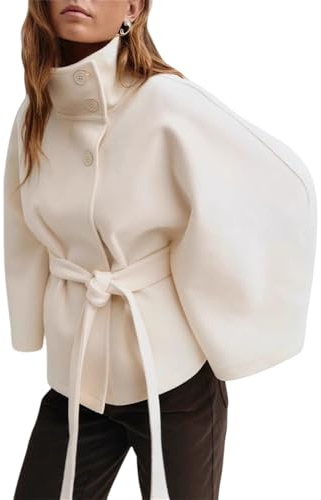 Veste cape élégante avec ceinture pour femme, col montant, manches chauve-souris, manteau en laine, col montant, blanc, S