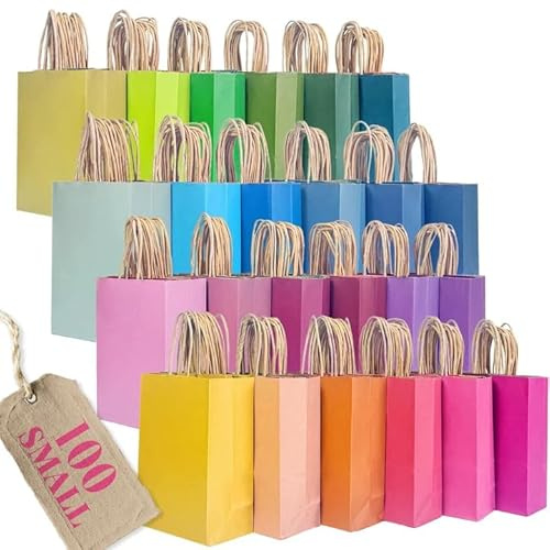 Gcardist Confezione da 100 sacchetti regalo di carta con manici – sacchetti di carta kraft colorati – 24 colori a tinta unita (8,3 x 6 x 3,15, 15 x 8 x 21 cm, dimensioni piccole)