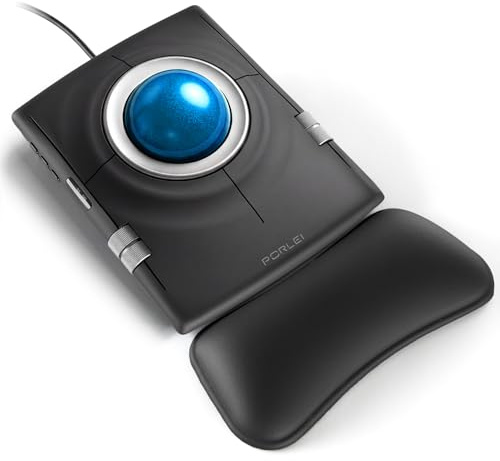 PORLEI Wired Trackball Mouse, Ergonomic Finger Control Trackball with 55mm Large Ball, 4-Level Adjustable DPI, Ambidextrous Design, Wrist Rest Included, Compatible for PC, Laptop, Mac, Windows-Blue
