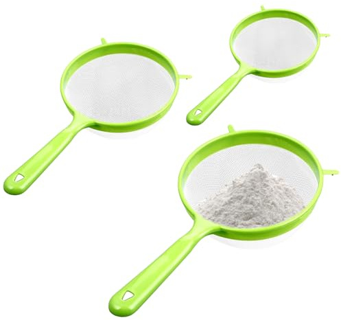 Setaccio Piccolo, Setaccio da Cucina, 3 Misure (3/4/5 Dia.) Setacci a Maglia Fine per Cottura, Colino con Manico in Plastica per Farina Lavaggio Alimenti Drenante Pasta Spaghetti Riso Verdura, Verde