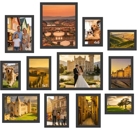 CAAGGMM Set of Black Picture Frames, 12 Pieces Picture Frames 8 x 10 in, 6 x 8 in, 5 x 7 in, 4 x 6 in, Multi Photo Frame, Gallery Wall Frame Set, for the Living Room, Bedroom