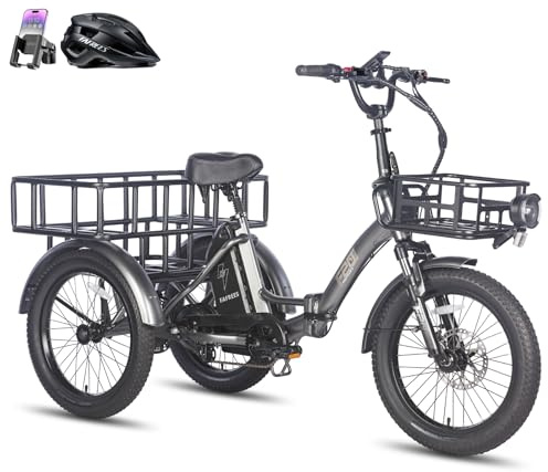 Fafrees Triciclo Eléctrico F20 Mate para Adultos, Plegable 20 x 3, Batería de 48 V/20 Ah, Frenos Hidráulicos, Triciclo de Carga Eléctric 250W, Alcance 115km (Gris, Cesta Delantera + rejillagrande)