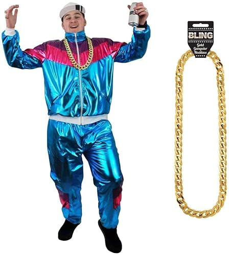 Costume da tuta da ginnastica impermeabile anni '80/'90 - Include: giacca blu brillante con zip + pantaloni abbinati con taschine e catena in plastica dorata (Grande)