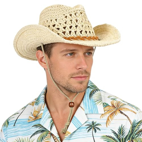 ITODA Chapeau de Cow-Boy en Paille Chapeau de Soleil à Larges Bords Panama d'été avec Bande Réglable pour Femme Homme Casquette Visière de Voyage Camping Plage Extérieur