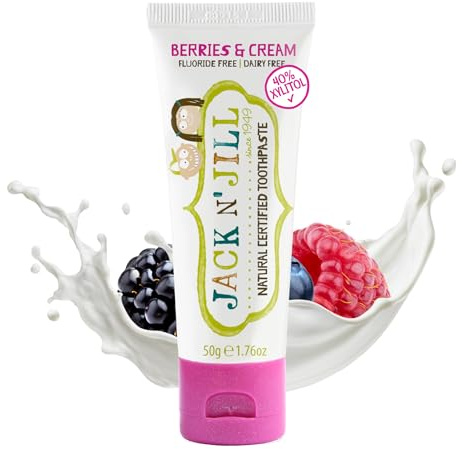 Jack N' Jill Natural Toothpaste for Baby and Infants - Fluoride Free Training Toothpaste, 40% Xylitol, BPA Free - Berries N' Cream, 1.76 oz (Pack of 1)