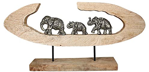 Casablanca Dekofigur Indoor - Gilde Aluminium Mangoholz - Elefanten Familie - Skulptur Statue Dekoration Wohnen - Breite 68 cm