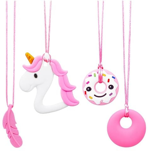 Heyu-Lotus 4 Stück Kaukette für Kinder, Silikon Beißring Anhänger, Zahnen Spielzeuge für Kinder Mit Adhs, Zahnen, Autismus für Jungen Und Mädchen