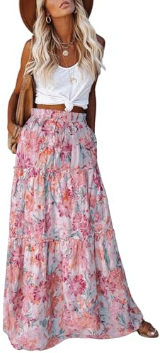 EARKOHA Trendy Lightweight Drawstring Tiered Ruffles Paisley Hippie Plus Size Bohemian Long Maxi Skirt with Deep Pockets for Office Music Festival Travel Picnic Dating Fall Outfits Peony Colored M