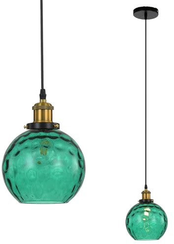LFsem Vintage Spherical Glass Pendant Light, Stained Globe Glass Shade, E27 Bronze Base, Industrial Ceiling Pendant Lamp for Bedroom, Dining Room & Kitchen (Green, 15cm)