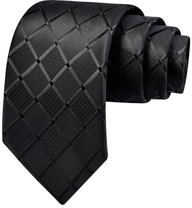GUSLESON Black Tie for Men Wedding Solid Silk Plaid Checkered Necktie for Business (1034-24)