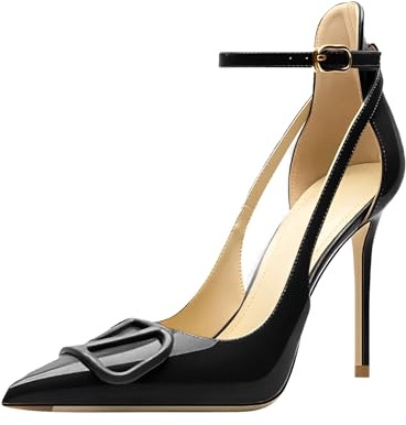 Qunvngutui Women's Pointed-Toe Bag-Toe Strappy V Buckle High-Heeled Shoes Sexy Stiletto Pumps Black Patent Leather US8.5