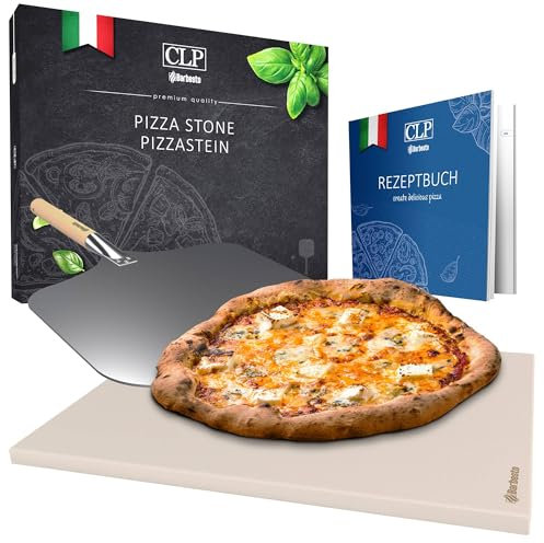 CLP Piedra para Pizza de cordierita con Libro de Recetas I Individualmente o en Set con Pala & Cortador para Preparar, Contenido del Set:Piedra para Pizza+Slider