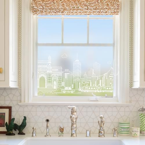 dktie Fensterfolie Sichtschutzfolie Dekorative Fensterfolie Mit Weiße Stadtgebäude Blickdichte Milchglasfolie Statisch haftend, Ohne Kleber, UV-Schutz, Sichtschutz, Blendschutz 44.5x200cm