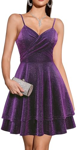 Timormode Women's Sparkly Prom Dresses Spaghetti Straps Sequin Short A-line Cocktail Dress Glittery Bow Back Party Graduation Homecmoing Dresses TMD6002 Grape XXL